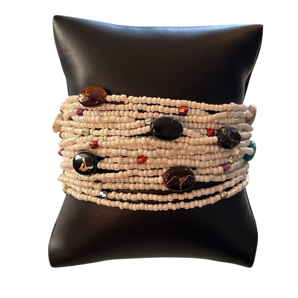 Bohemian‎ Bracelet White Seed Bead Multi Strand Ethnic Crochet Toggle Button - Picture 3 of 16